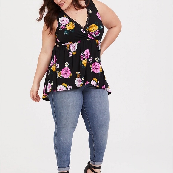 Torrid 2X 5X Top Black Floral Lace Trim Babydoll - Picture 4 of 4